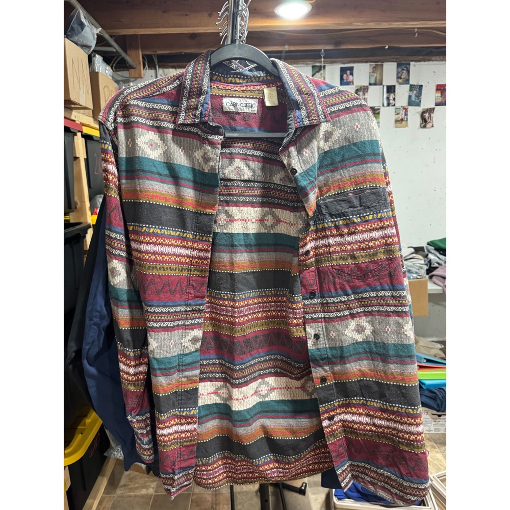 Cabin Creek Mens Southwestern Tribal Button Down Shirt Multicolor Cotton Large